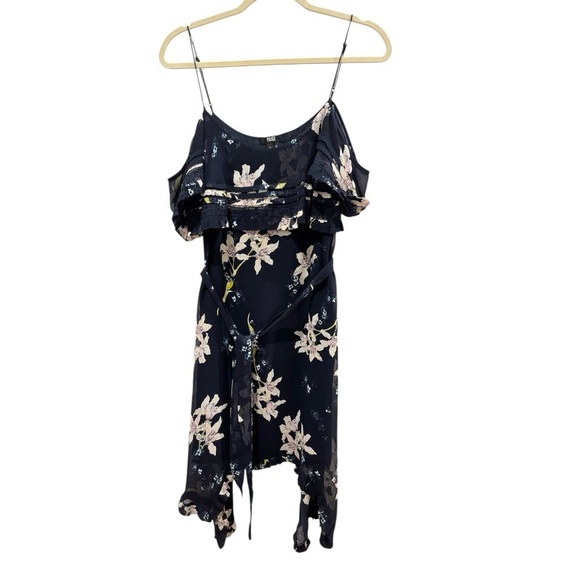 Paige Sahar Cold Shoulder Flutter Silk Navy Blue Floral Lined Dress Size Small - Picture 2 of 9